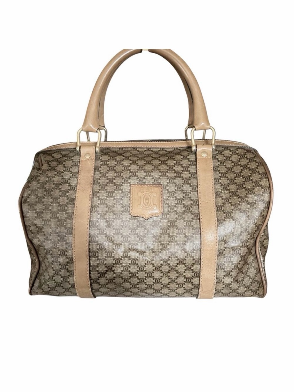 Vintage Céline Macadam Monogram Coated Canvas Boston Bag Tan Leather Trim